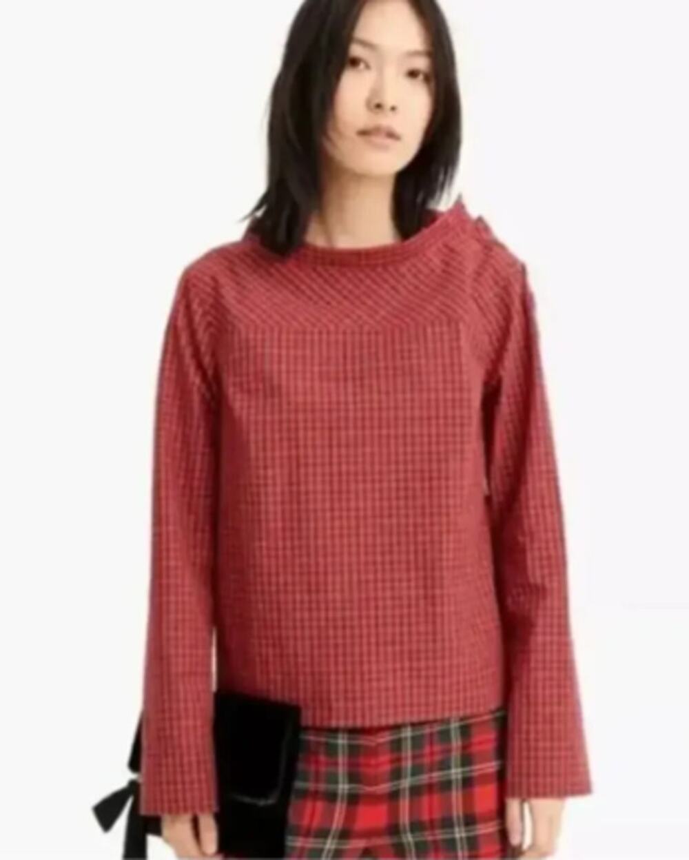 J. Crew Plaid Funnel Neck Shirt with Jeweled Buttons Size